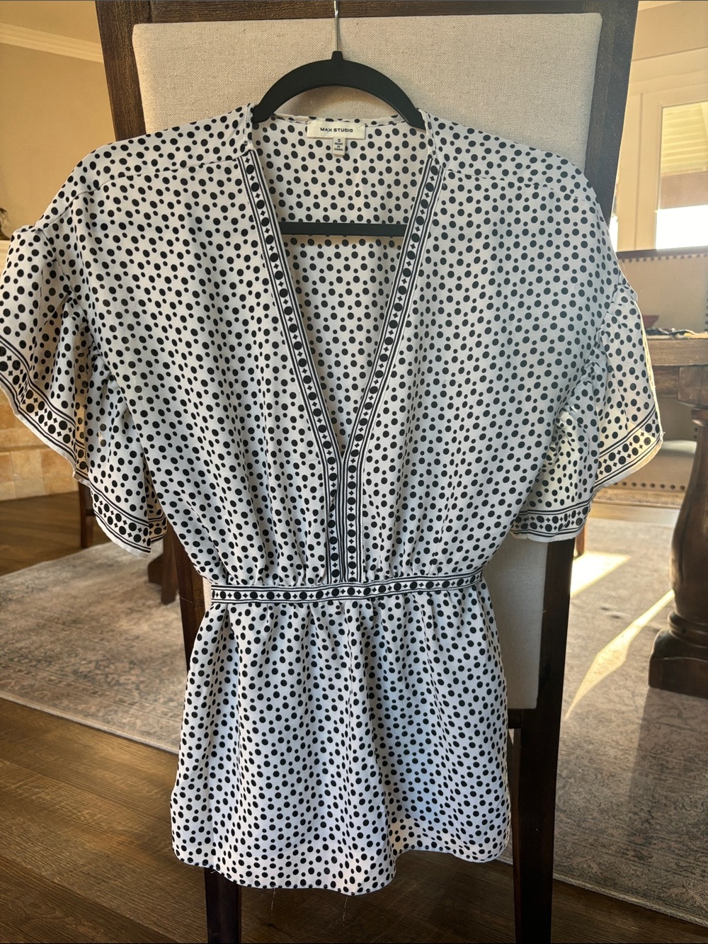 Max Studio White and Black Polka Dot V-Neck Blouse